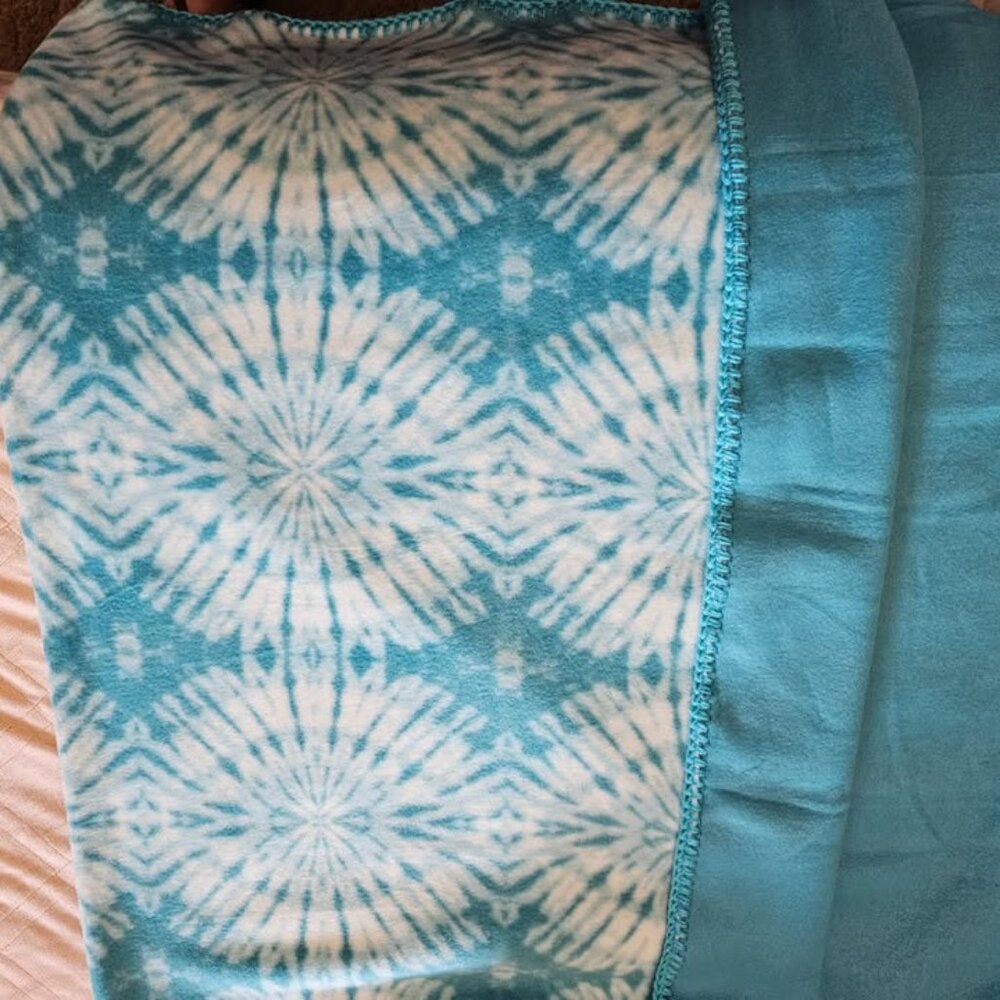 Handmade Double Fleece (Aqua and White) Crochet Edged Blanket